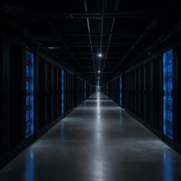 Een enorme datacentergang in bijna volledige duisternis, de meeste serverracks slapend en onverlicht, met een schaars aantal dat koud elektrisch blauw oplicht, 37 van de 671 miljard parameters actief