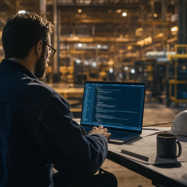 Een engineer zit naast een operationeel manager aan een bureau in een magazijn, met een scherm met een workflowdiagram voor hen