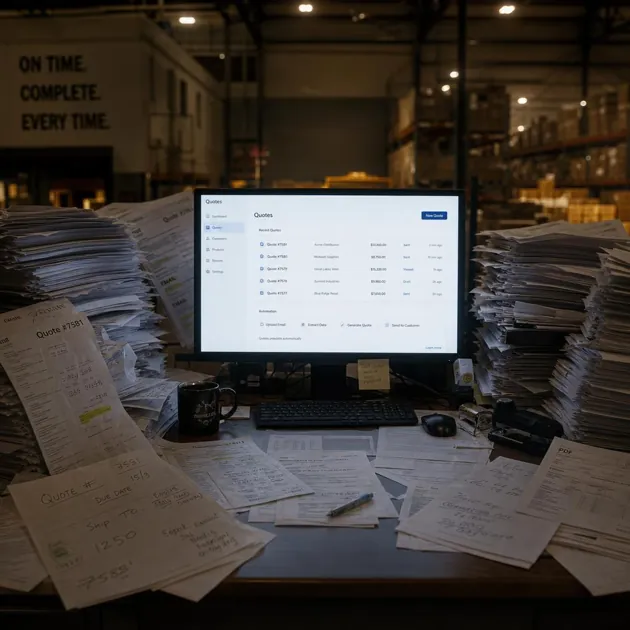 Een werkplek in een magazijn bij weinig licht, met stapels geprinte e-mails, pdf's en offertebladen eromheen, en één scherm waarop offertes zich automatisch vullen