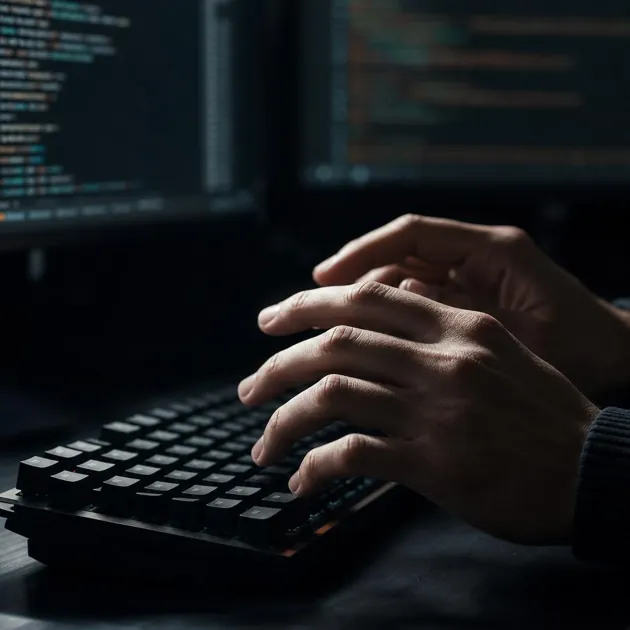 Extreme close-up van de handen van een engineer boven een mechanisch toetsenbord in een donkere studio, met code zichtbaar op monitoren erachter, wat vakmanschap en weloverwogen denken laat zien in plaats van typen