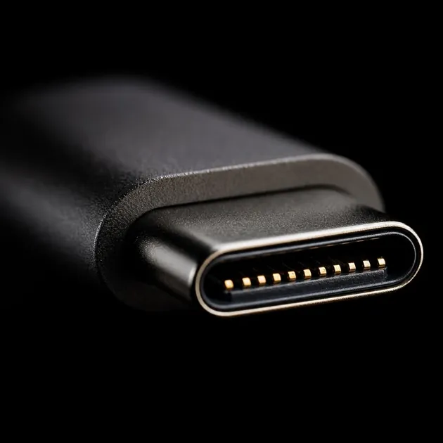 Extreme macro-opname van een USB-C-connector tegen puur zwart, strijklicht van opzij dat elk gouden contactpennetje raakt, de ene standaard die een eind maakt aan fragmentatie